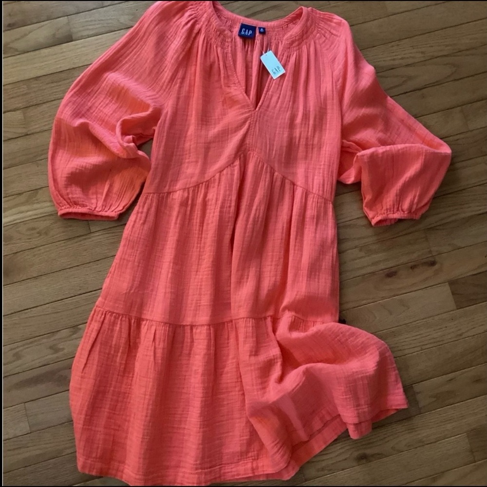 NWT GAP TIERED CRINKLE GAUZE MINI DRESS - ELBOW SLEEVES- POCKETS - MEDIUM TALL